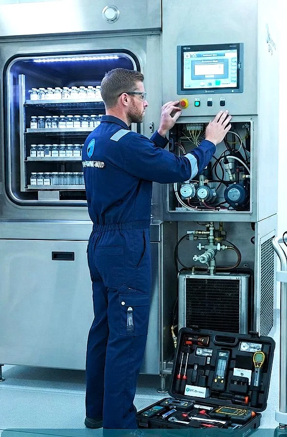 Biopharma service engineer working on a freeze dryer